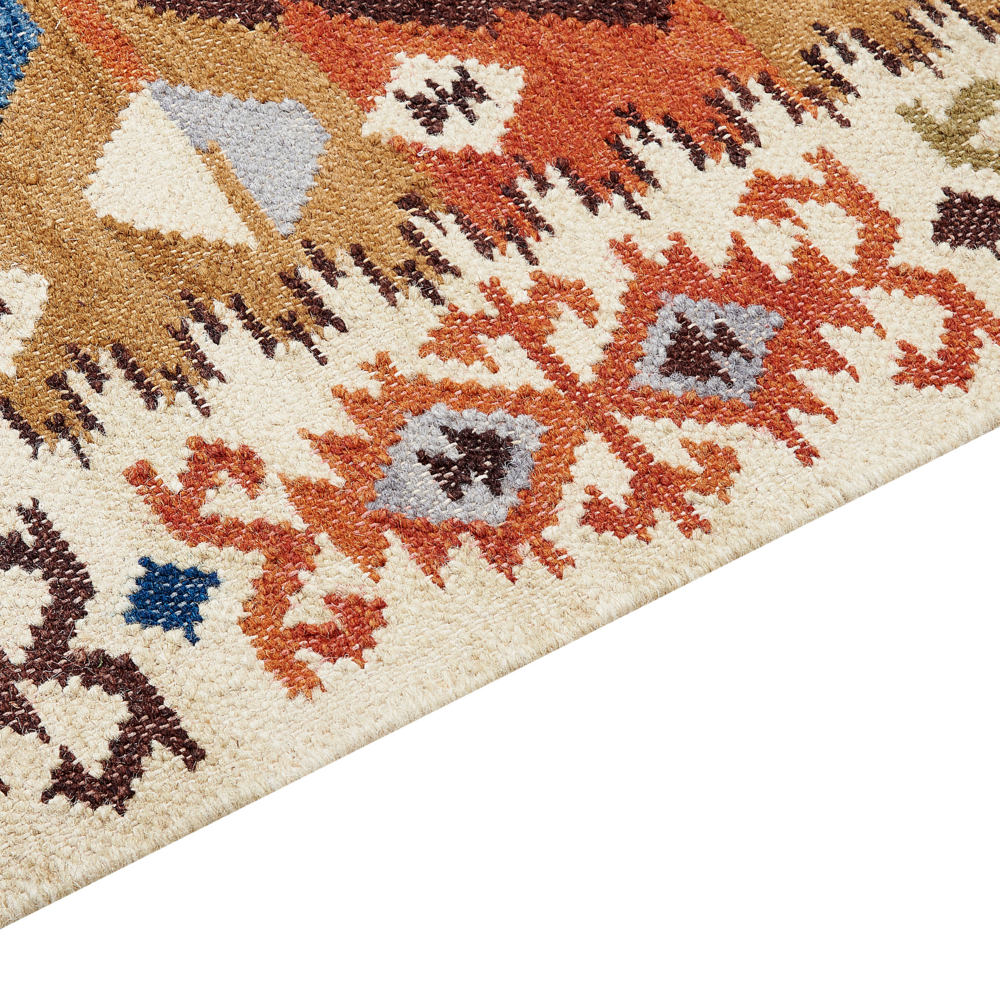 Tappeto Kilim multicolore in lana e cotone 200 x 300 cm Fatto a mano con motivo patchwork Boho e frange.