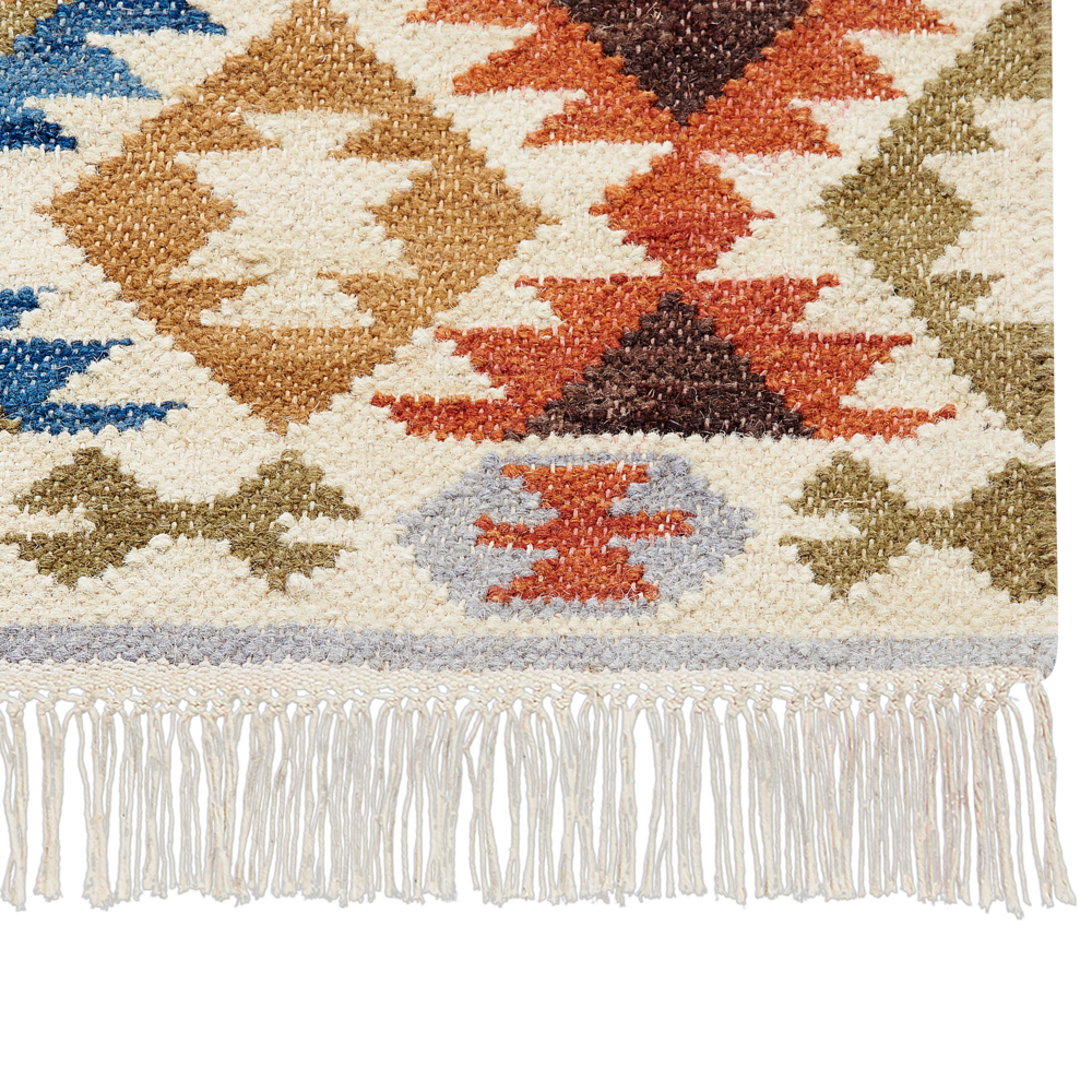Tappeto Kilim multicolore in lana e cotone 200 x 300 cm Fatto a mano con motivo patchwork Boho e frange.