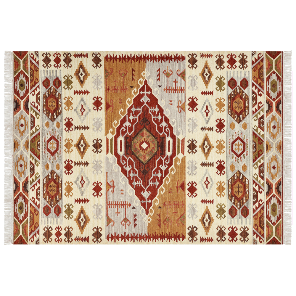 Tappeto Kilim multicolore in lana e cotone 200 x 300 cm Fatto a mano con motivo Boho e frange