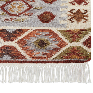 Tappeto Kilim multicolore in lana e cotone 200 x 300 cm Fatto a mano con motivo Boho e frange