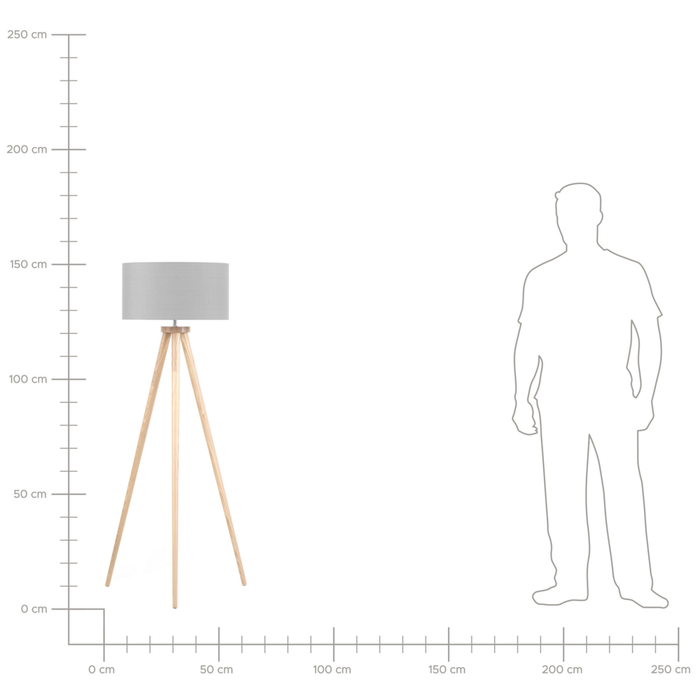 Lampada da Terra Policotone Grigio 142H cm Rovere Legno Chiaro Gambe Treppiede Paralume Tamburo Moderno