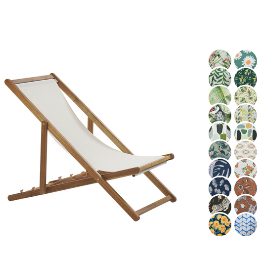 Sedia a sdraio pieghevole in legno di acacia chiaro con 2 tessuti di ricambio di colore bianco sporco Lettino da sole pieghevole reclinabile