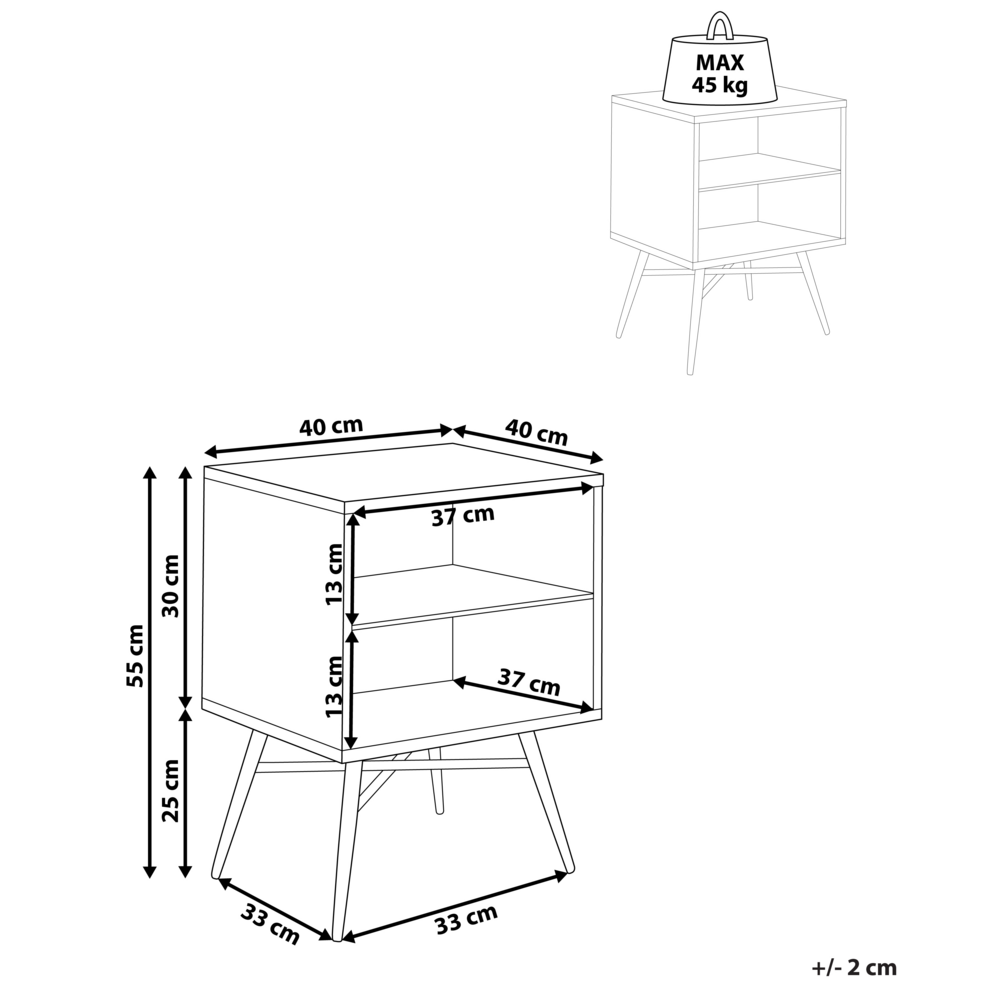 Tavolino da comodino in MDF legno chiaro con due ripiani aperti, pezzo minimalista e contemporaneo per la camera da letto