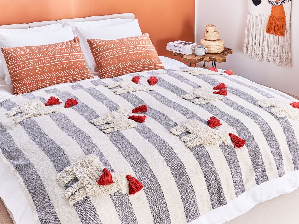 Plaid bianco e grigio in cotone copriletto a righe con cavalli 125 x 150 cm divano soggiorno camera da letto