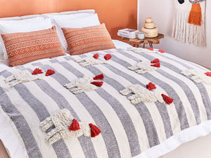 Plaid bianco e grigio in cotone copriletto a righe con cavalli 125 x 150 cm divano soggiorno camera da letto