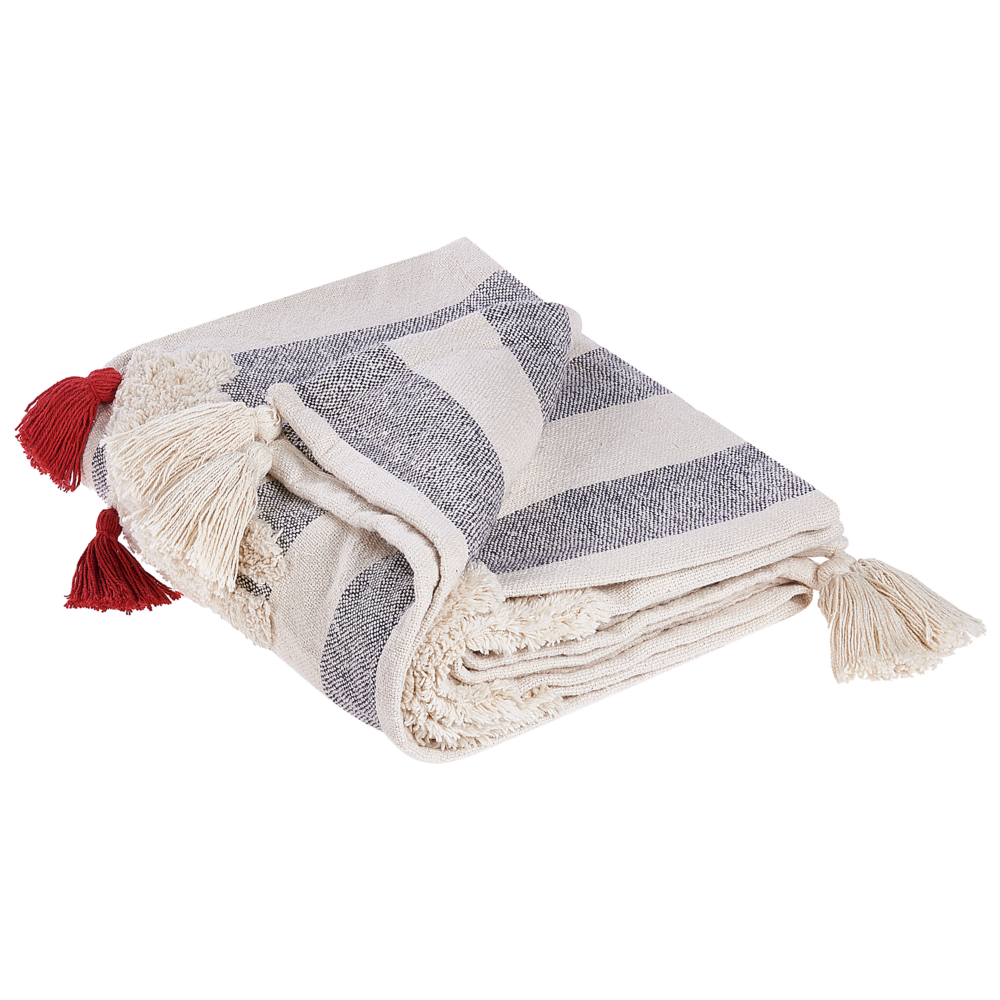 Plaid bianco e grigio in cotone copriletto a righe con cavalli 125 x 150 cm divano soggiorno camera da letto