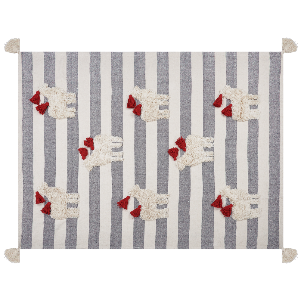 Plaid bianco e grigio in cotone copriletto a righe con cavalli 125 x 150 cm divano soggiorno camera da letto