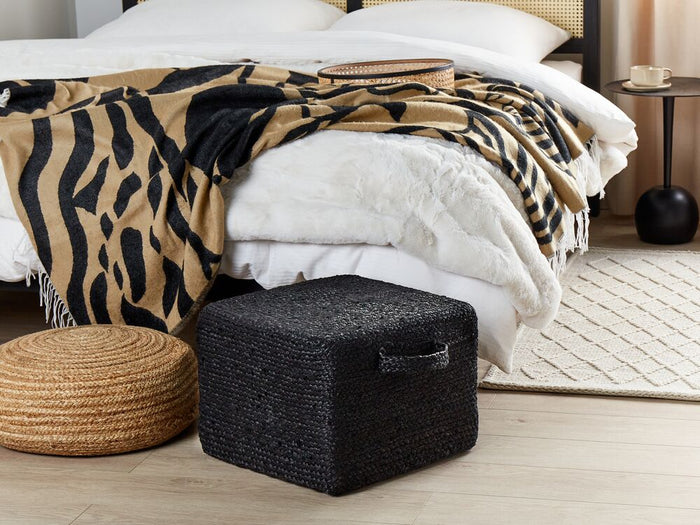 Pouf in juta naturale nero 45 x 45 cm pouf imbottitura in EPS maniglie accessorio boho