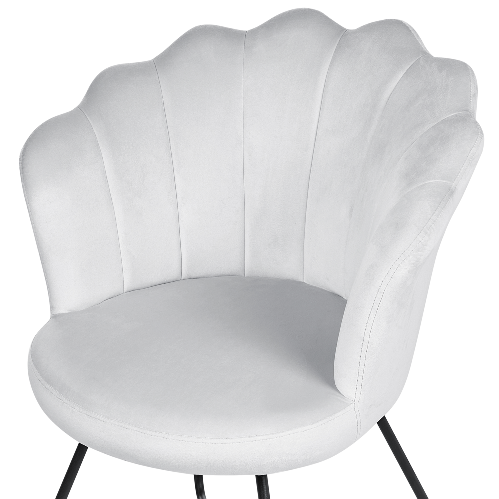 Sedia senza braccioli Rivestimento in velluto grigio Schienale a conchiglia Design classico vintage Struttura in metallo nero