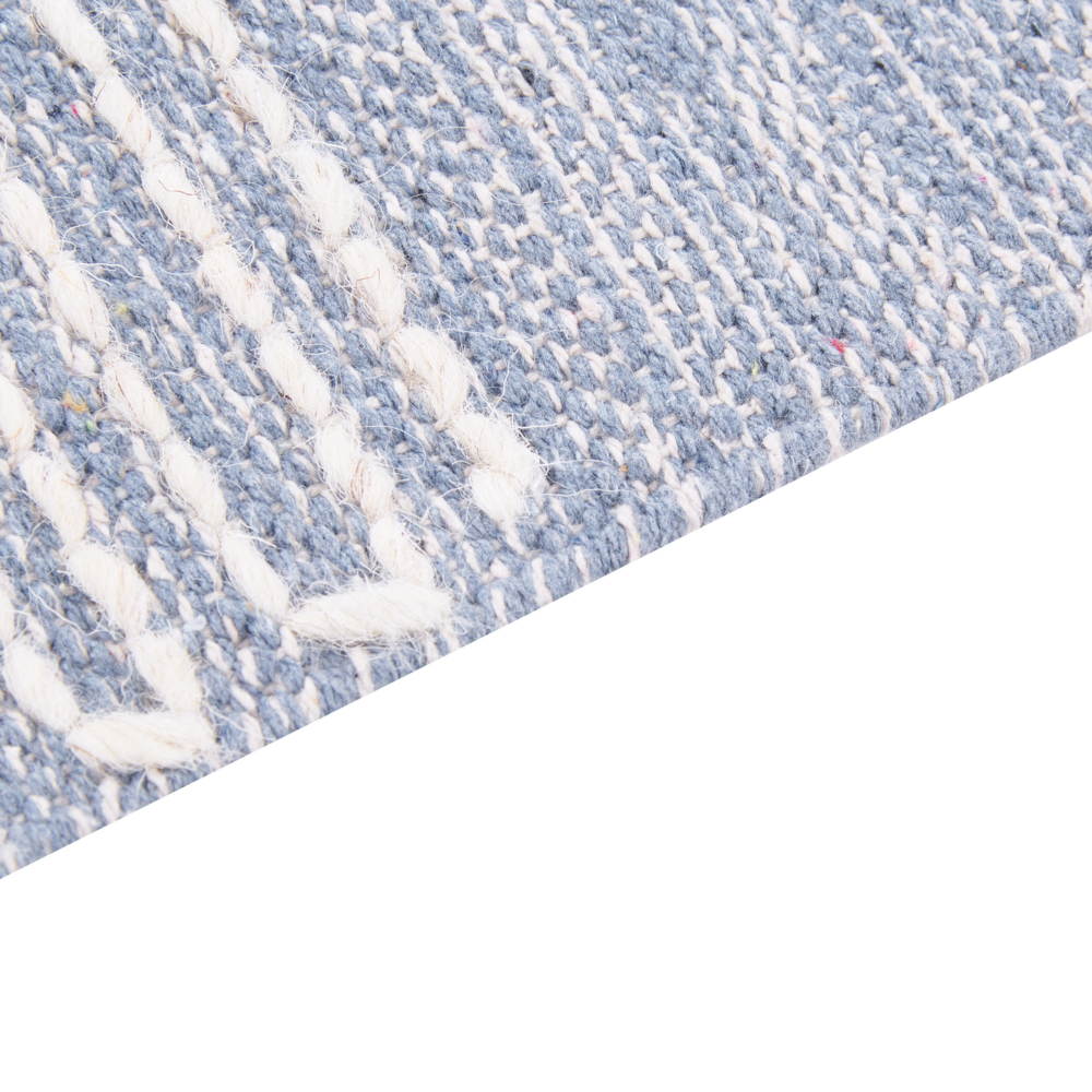 Tappeto in cotone e lana con nappe bianco blu 80 x 150 cm soggiorno camera da letto