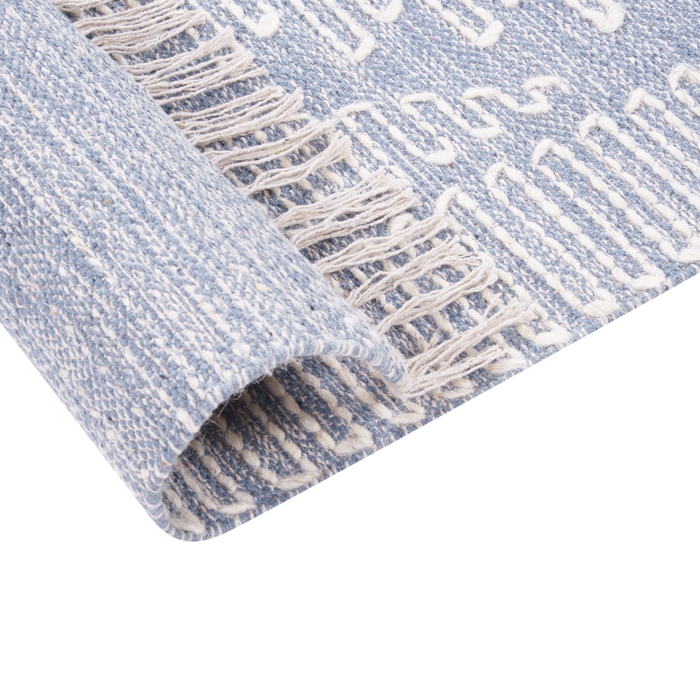 Tappeto in cotone e lana con nappe bianco blu 80 x 150 cm soggiorno camera da letto