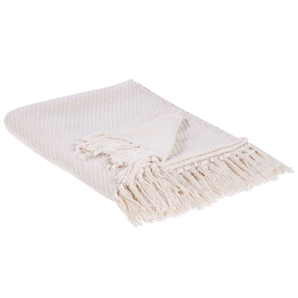 Coperta plaid beige in cotone con frange fatta a mano 125 x 150 cm soggiorno camera da letto divano