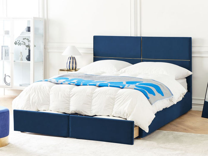 Letto con rete in velluto blu marino dorato 180 x 200 cm cassetti contenitori