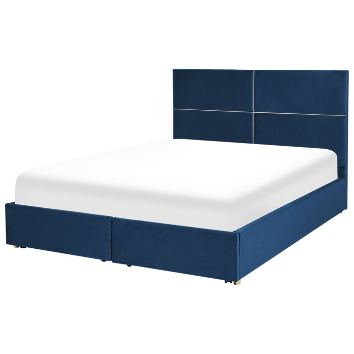 Letto con rete in velluto blu marino dorato 180 x 200 cm cassetti contenitori