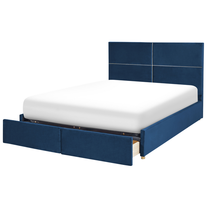 Letto con rete in velluto blu marino dorato 180 x 200 cm cassetti contenitori
