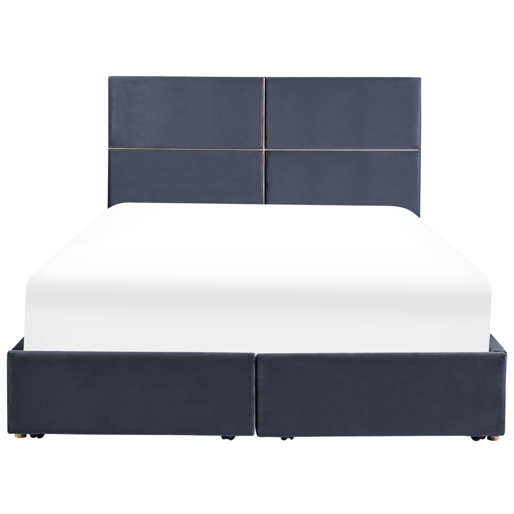 Letto con rete in velluto nero dorato 160 x 200 cm cassetti contenitori