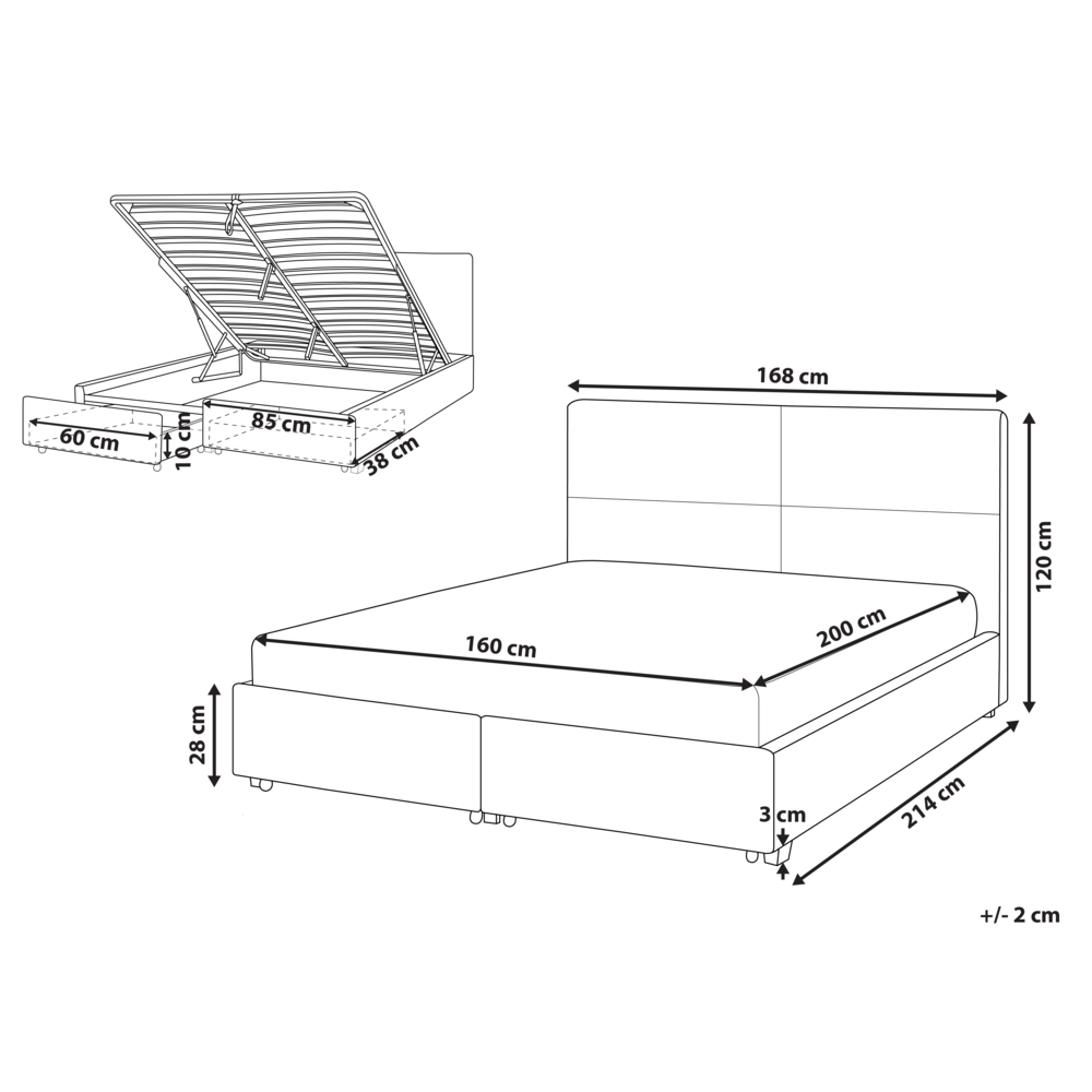 Letto con rete in velluto nero dorato 160 x 200 cm cassetti contenitori