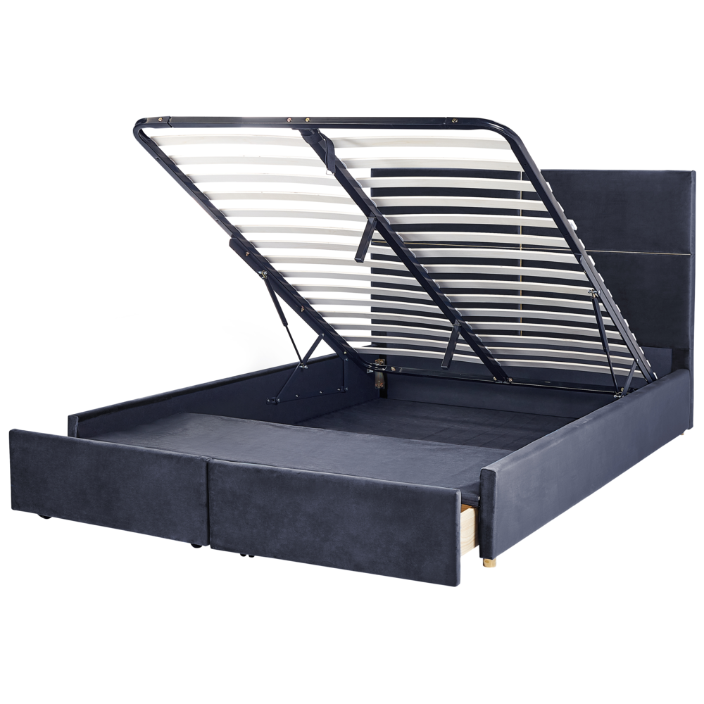 Letto con rete in velluto nero  dorato 180 x 200 cm cassetti contenitori