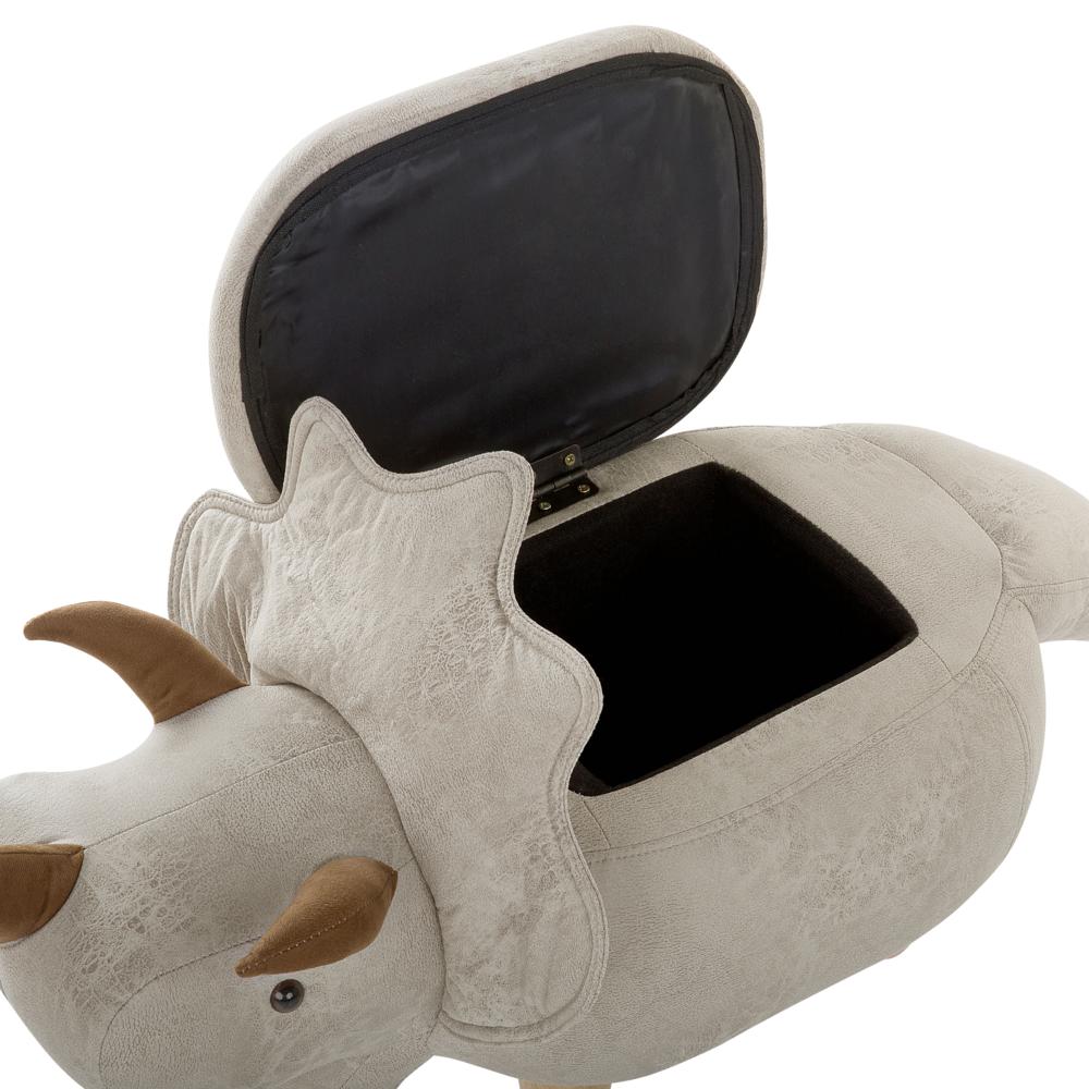 Animale Triceratopo Sgabello per bambini Tessuto in poliestere grigio chiaro Gambe in legno imbottite contenitore Poggiapiedi cameretta