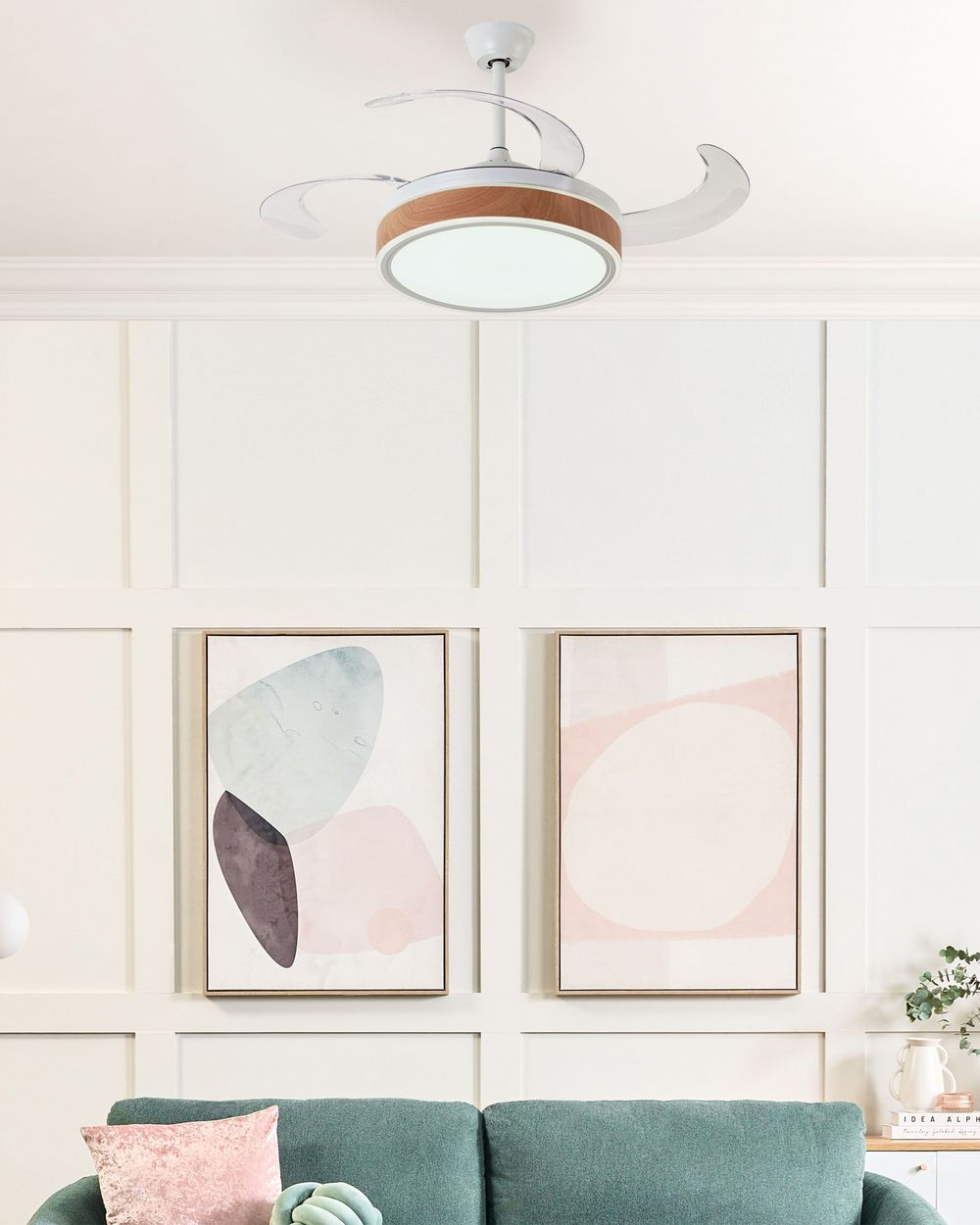 Ventilatore da soffitto con luce Ventilatore in materiale sintetico bianco Ferro a pale retrattili Telecomando Luce Effetto venatura del legno Soggiorno moderno tradizionale