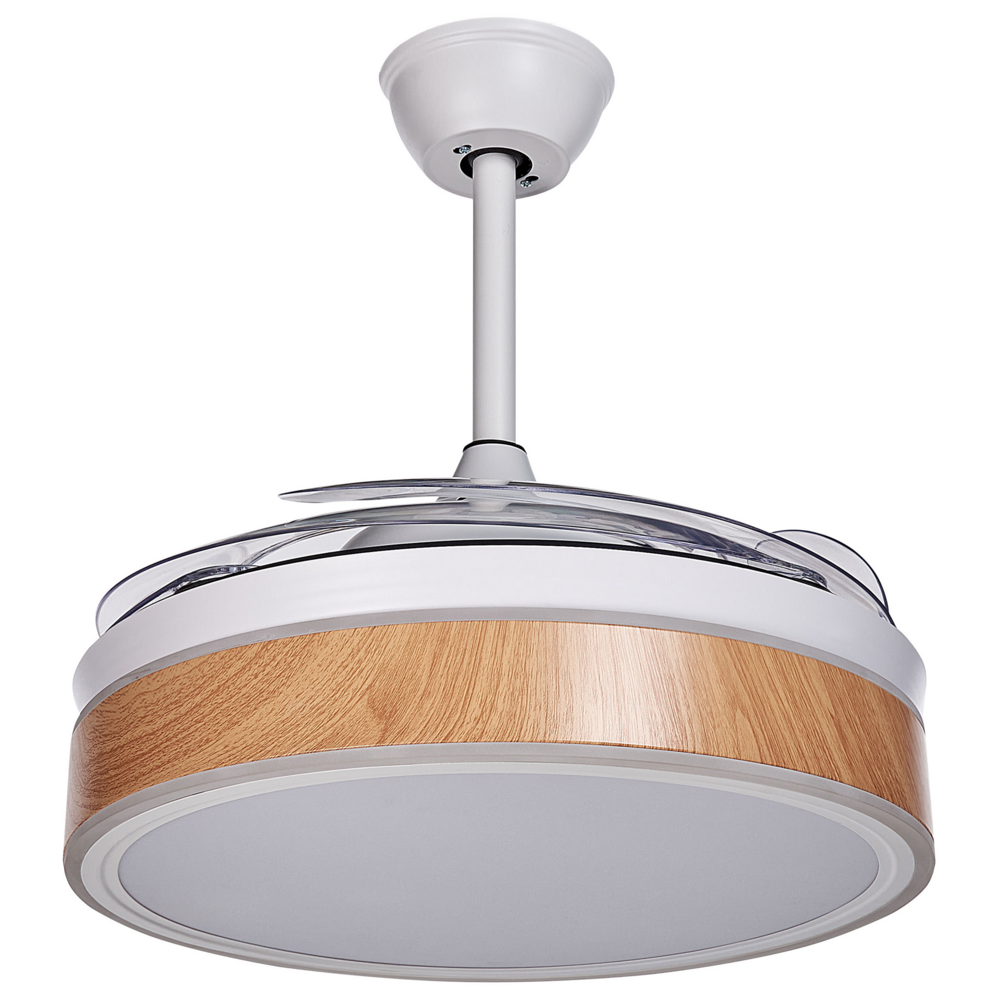 Ventilatore da soffitto con luce Ventilatore in materiale sintetico bianco Ferro a pale retrattili Telecomando Luce Effetto venatura del legno Soggiorno moderno tradizionale