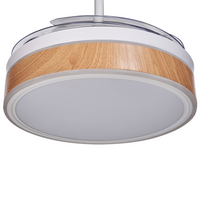 Ventilatore da soffitto con luce Ventilatore in materiale sintetico bianco Ferro a pale retrattili Telecomando Luce Effetto venatura del legno Soggiorno moderno tradizionale