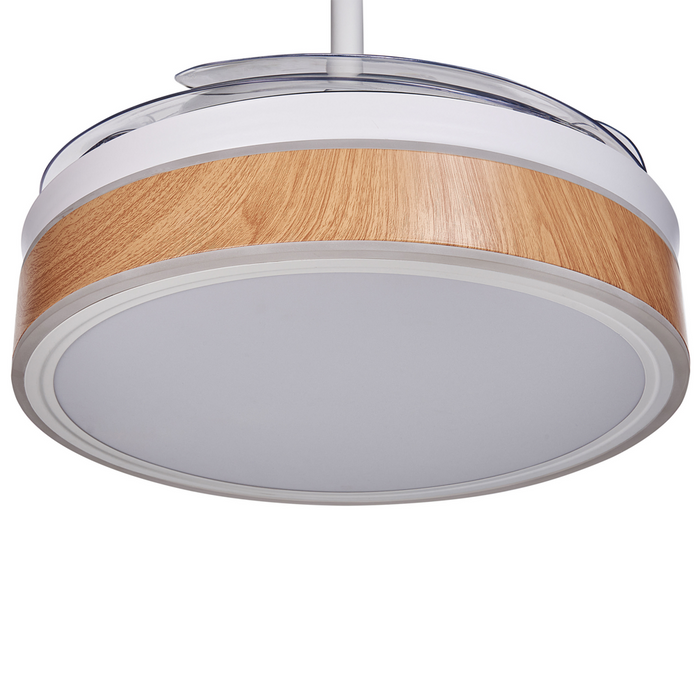 Ventilatore da soffitto con luce Ventilatore in materiale sintetico bianco Ferro a pale retrattili Telecomando Luce Effetto venatura del legno Soggiorno moderno tradizionale