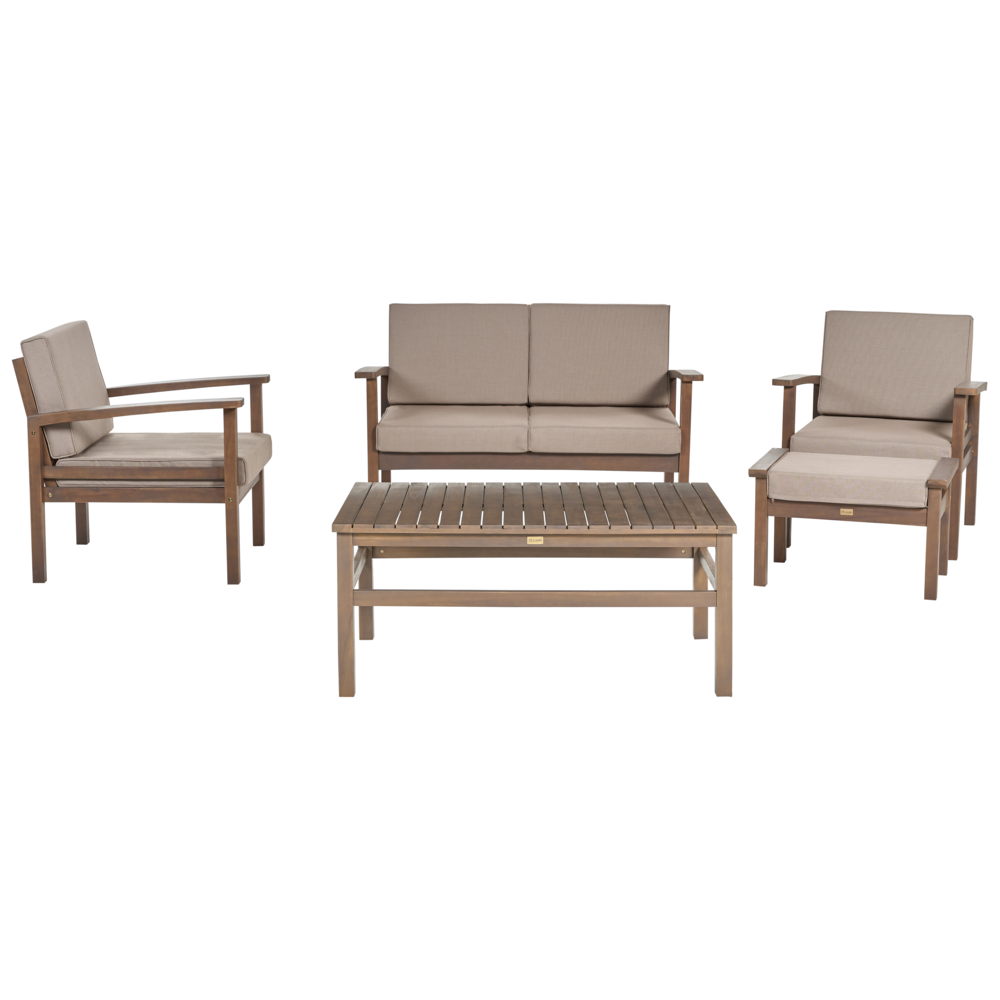 Set Divani Da Giardino Taupe Cuscini In Legno Scuro Di Acacia Certificato 4 Posti Con Tavolo Set