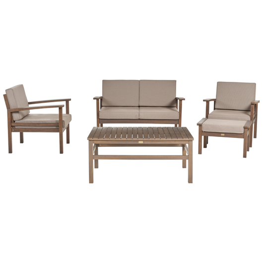 Set Divani Da Giardino Taupe Cuscini In Legno Scuro Di Acacia Certificato 4 Posti Con Tavolo Set