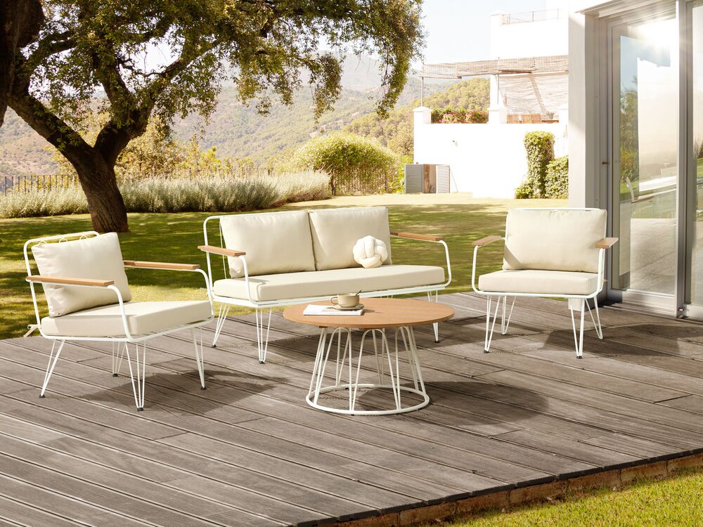 Divano da giardino a 4 posti in metallo bianco e beige Acciaio a 4 posti con cuscini Moderno Outdoor