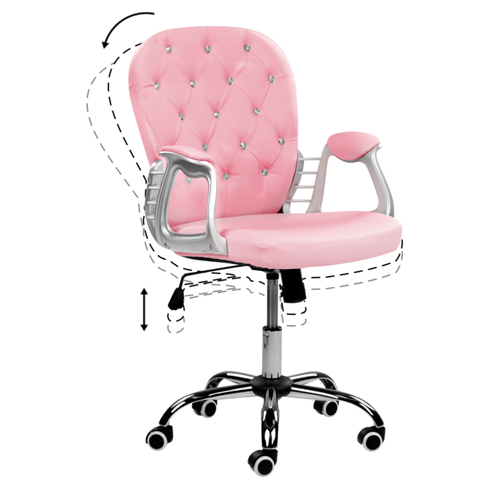 Sedia da ufficio in pelle sintetica rosa con cristalli e altezza regolabile e schienale trapuntato stile retrò moderno