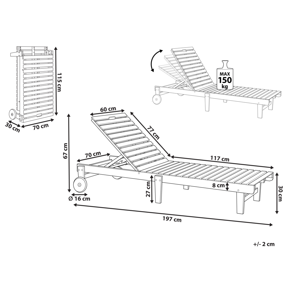 Lettino da giardino in legno di acacia con schienale reclinabile pieghevole giardino terrazzo pieghevole