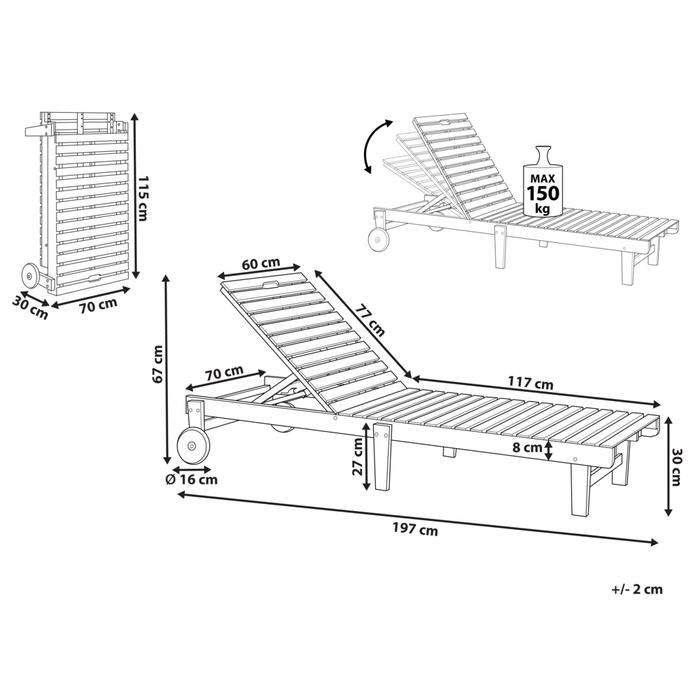Lettino da giardino in legno di acacia con schienale reclinabile pieghevole giardino terrazzo pieghevole