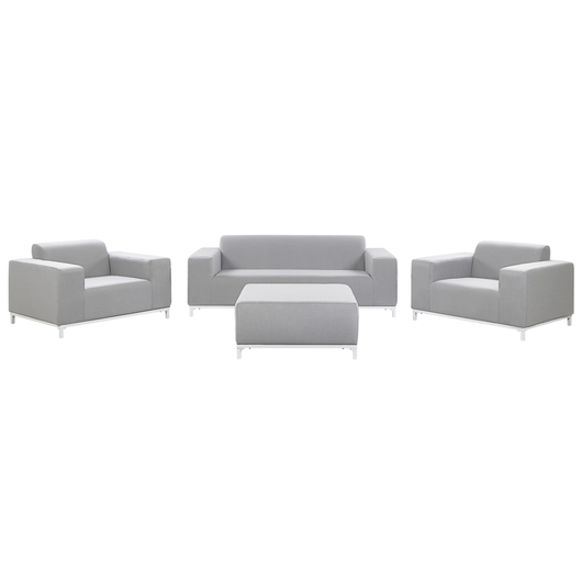 Set divano da giardino rivestimento in tessuto grigio gambe in alluminio bianco con ottomana 5 posti resistente agli agenti atmosferici