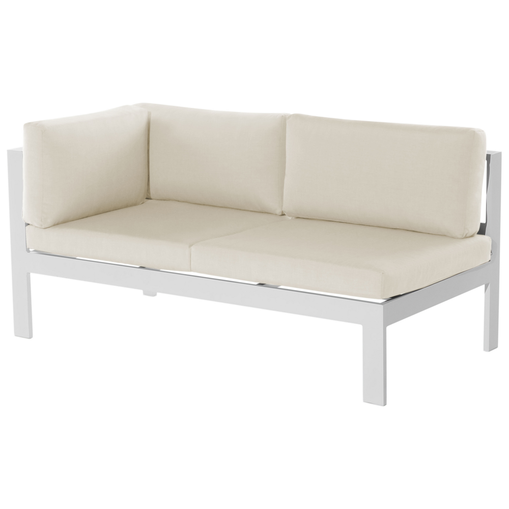 Set divano ad angolo da giardino bianco con cuscini verdi e beige Tavolo a doghe a 5 posti Set moderno scandinavo per conversazioni all'aperto
