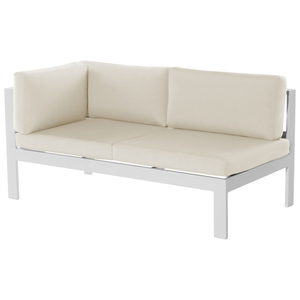 Set divano ad angolo da giardino bianco con cuscini verdi e beige Tavolo a doghe a 5 posti Set moderno scandinavo per conversazioni all'aperto