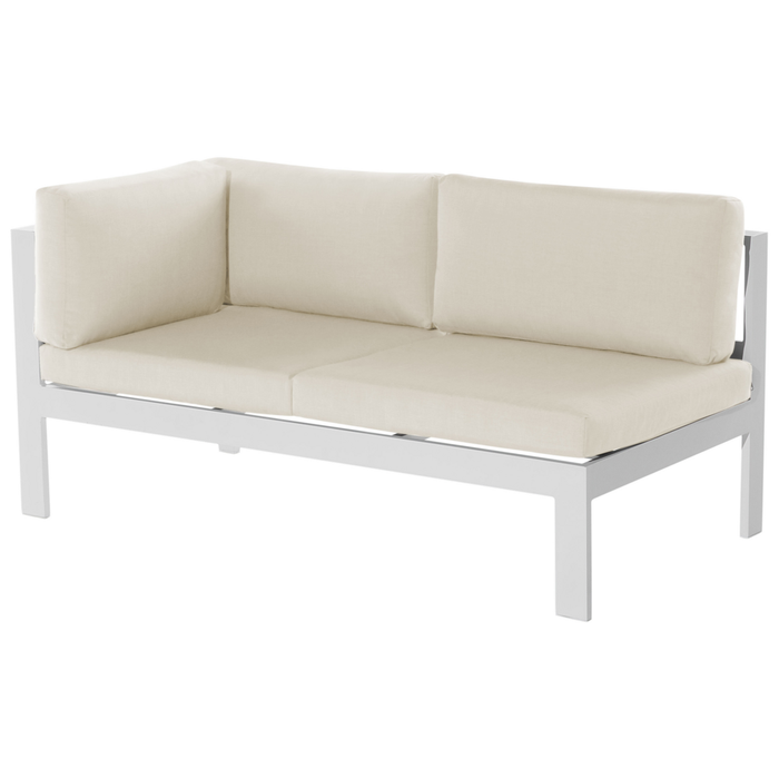 Set divano ad angolo da giardino bianco con cuscini verdi e beige Tavolo a doghe a 5 posti Set moderno scandinavo per conversazioni all'aperto