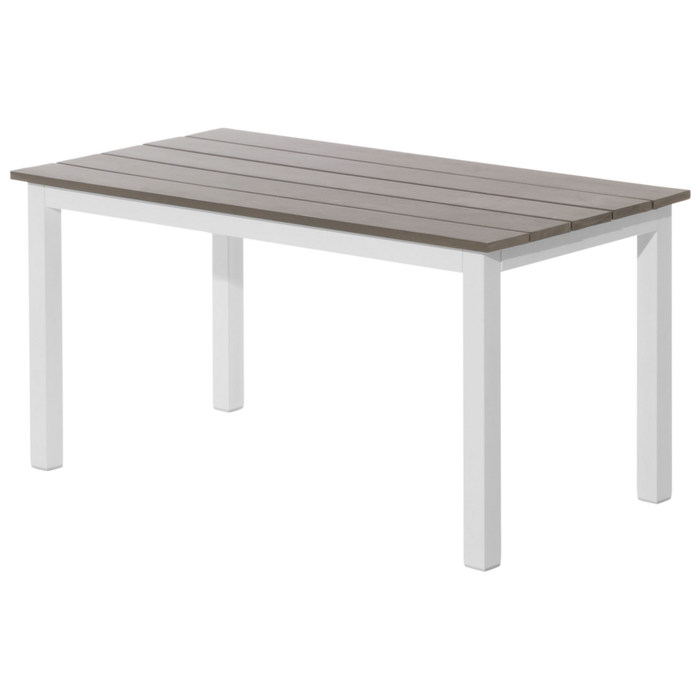 Set divano ad angolo da giardino bianco con cuscini verdi e beige Tavolo a doghe a 5 posti Set moderno scandinavo per conversazioni all'aperto