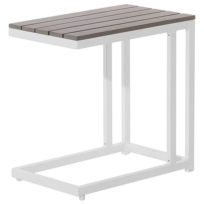 Set divano ad angolo da giardino bianco con cuscini verdi e beige Tavolo a doghe a 5 posti Set moderno scandinavo per conversazioni all'aperto