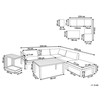 Set divano ad angolo da giardino bianco con cuscini verdi e beige Tavolo a doghe a 5 posti Set moderno scandinavo per conversazioni all'aperto