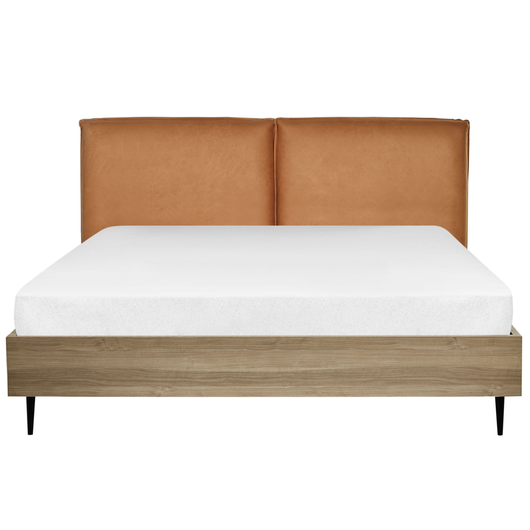 Letto matrimoniale con rete in ecopelle marrone dorato e legno chiaro 160 x 200 cm stile moderno camera da letto