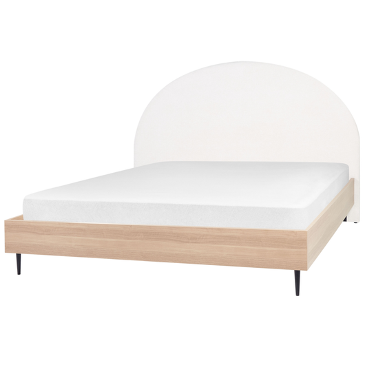 Telaio del letto in tessuto bianco e beige UE Dimensioni 180 x 200 cm Testiera imbottita Telaio in MDF Gambe in metallo Base a doghe in legno Camera da letto in stile moderno