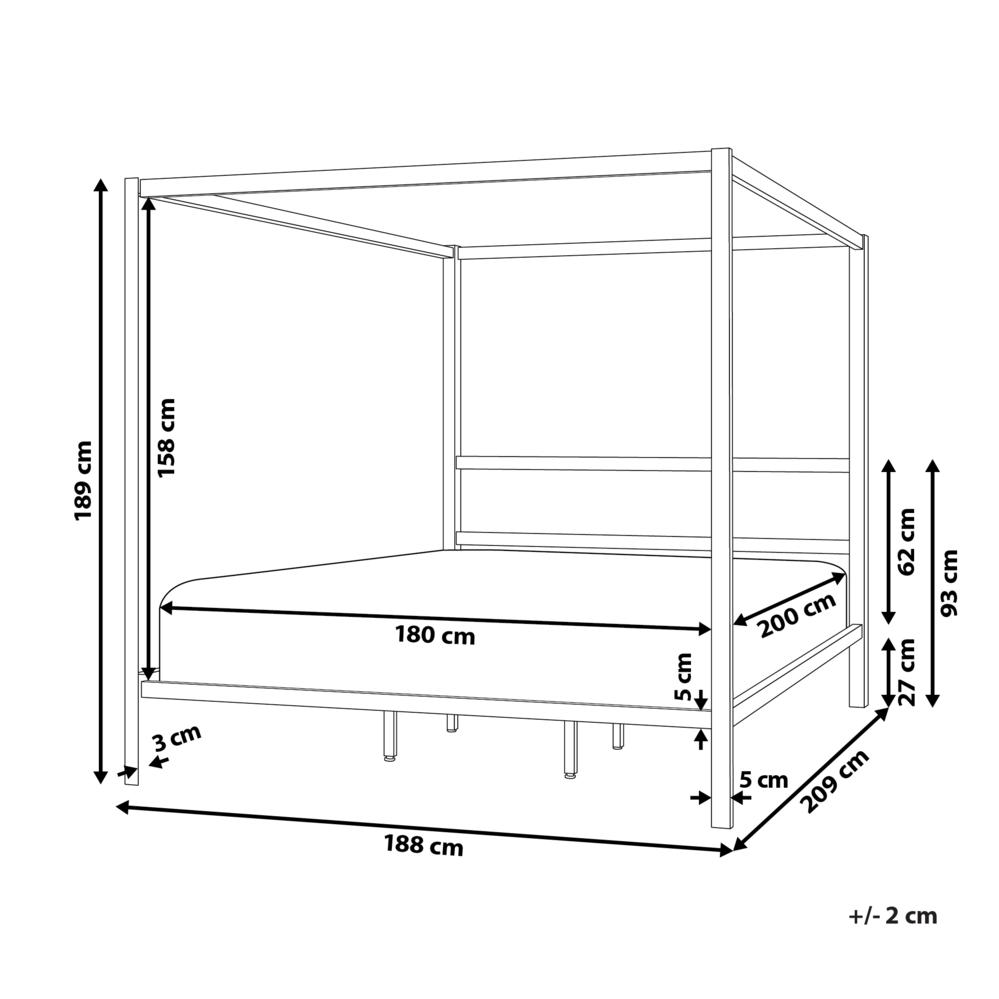 Letto matrimoniale a baldacchino con doghe e struttura in metallo nero 180 x 200 cm stile industriale moderno