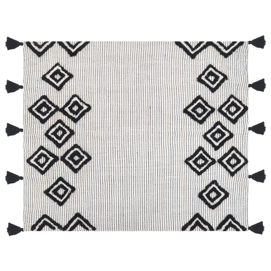 Coperta in poliestere bianco e nero PET 130 x 150 cm con frange decorative Realizzata a mano