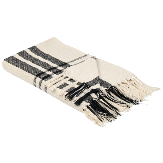 Coperta in cotone bianco sporco e nero 130 x 170 cm con frange decorative fatte a mano
