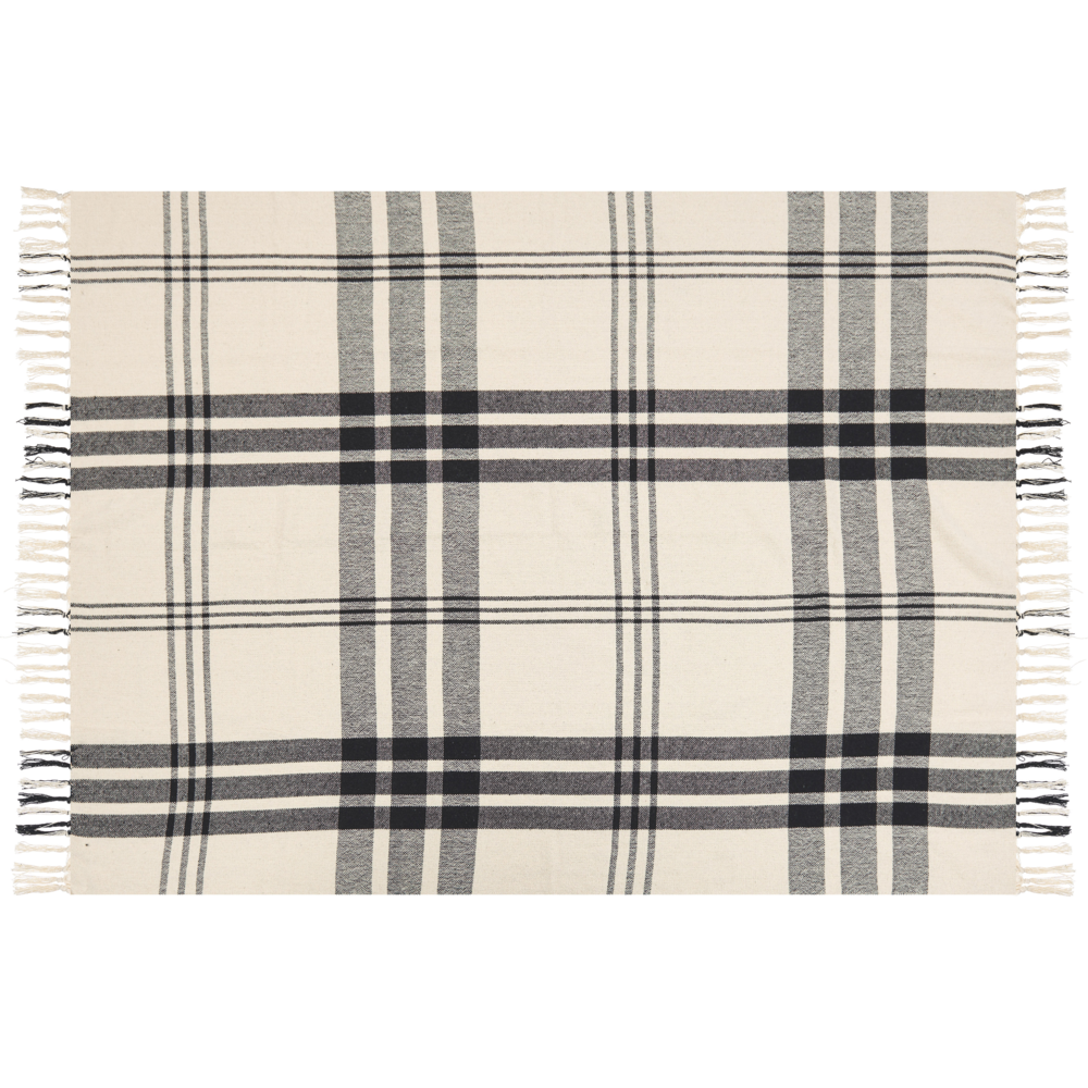 Coperta in cotone bianco sporco e nero 130 x 170 cm con frange decorative fatte a mano