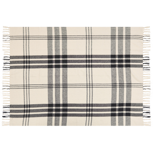 Coperta in cotone bianco sporco e nero 130 x 170 cm con frange decorative fatte a mano