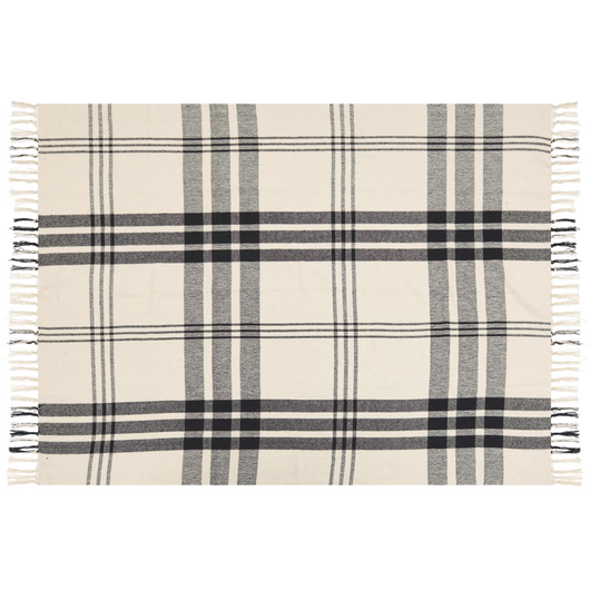 Coperta in cotone bianco sporco e nero 130 x 170 cm con frange decorative fatte a mano