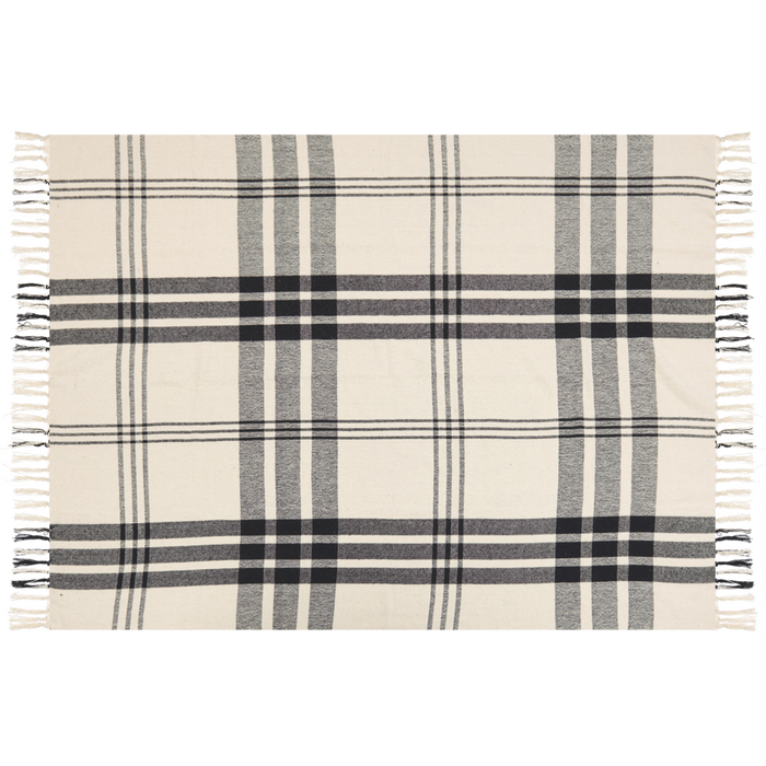 Coperta in cotone bianco sporco e nero 130 x 170 cm con frange decorative fatte a mano