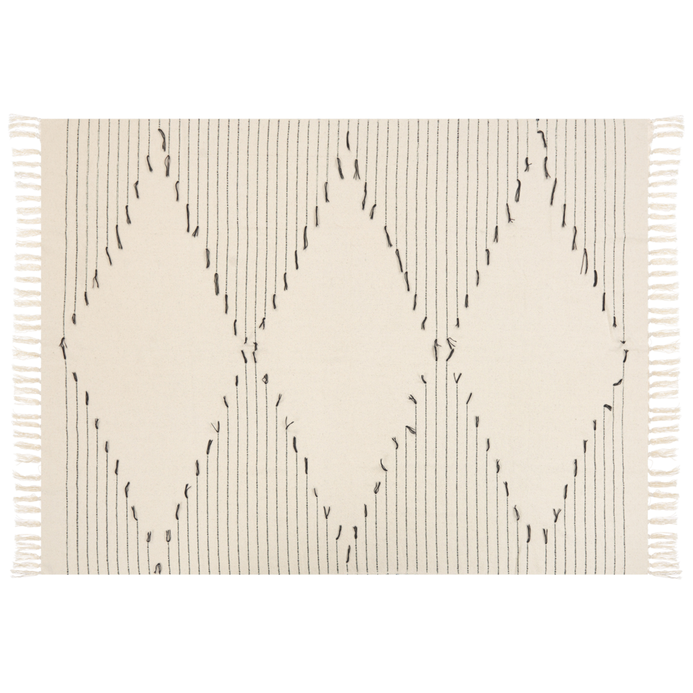 Coperta in cotone bianco e nero 130 x 170 cm con motivo a righe e frange decorative, fatta a mano.